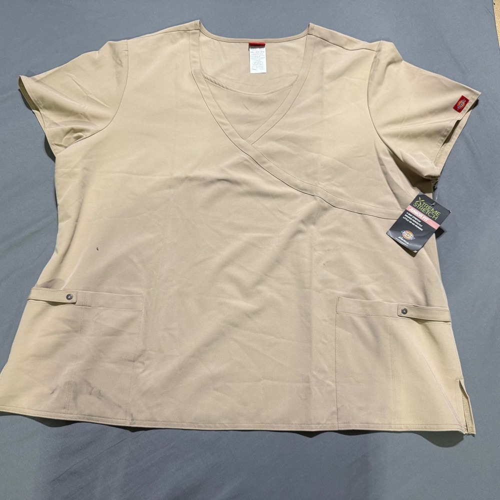 Dickies Scrub Top Women Junior 4XL Khaki Xtreme Stretch Mock Wrap V-Neck NEW
